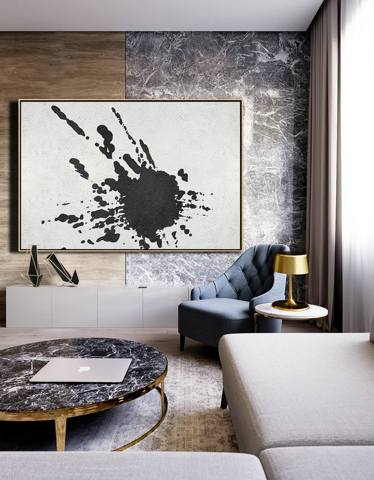 Large Living Room Decor,Oversized Horizontal Minimalist Splash Art On Canvas, Black And White Minimalist Painting - Modern Art Abstract Painting